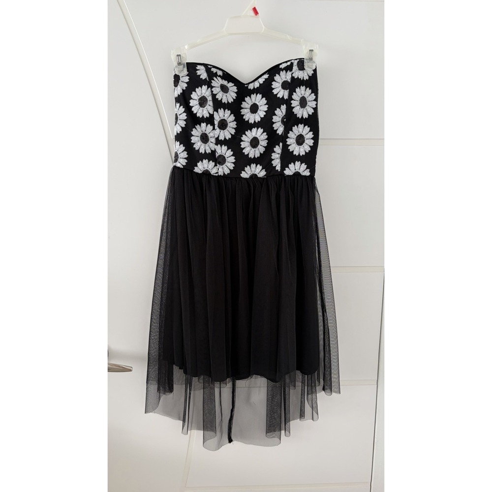 dELiA*s Black Sequin Daisy Tulle High Low Strapless Dress Size 5/6